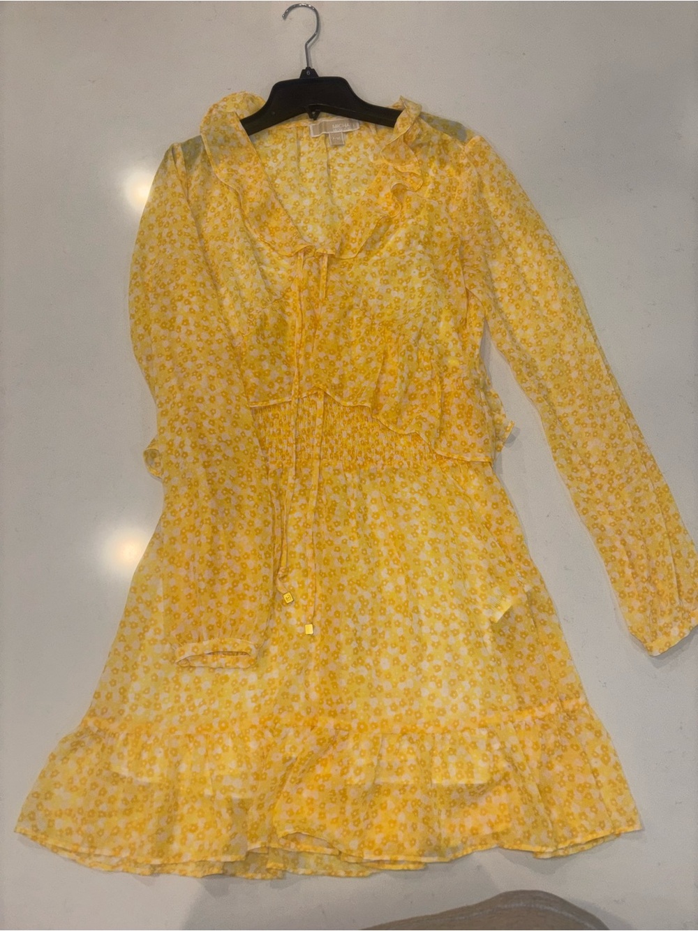 Michael Kors Yellow Floral Ruffle Tie-Front Dress